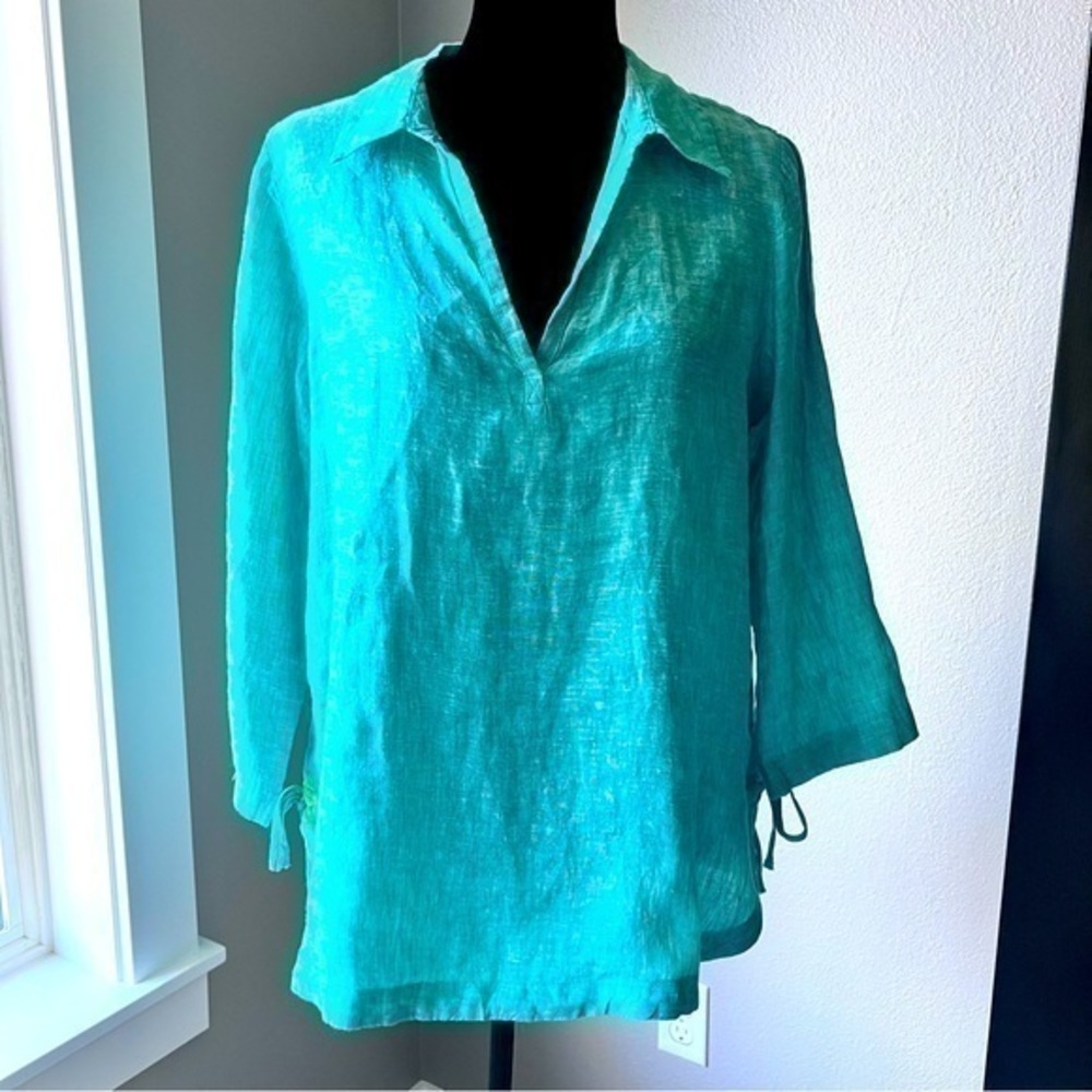 💚NWOT Isaac Mizrahi New York teal 100% linen top size medium
